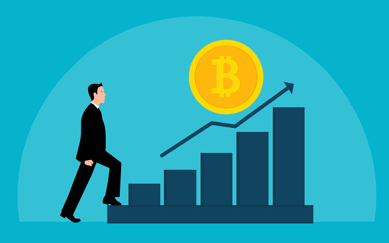 a bar chart with a Bitcoin above it and clear upward trend and a man in a suit walking up the bar chart as if it were steps.