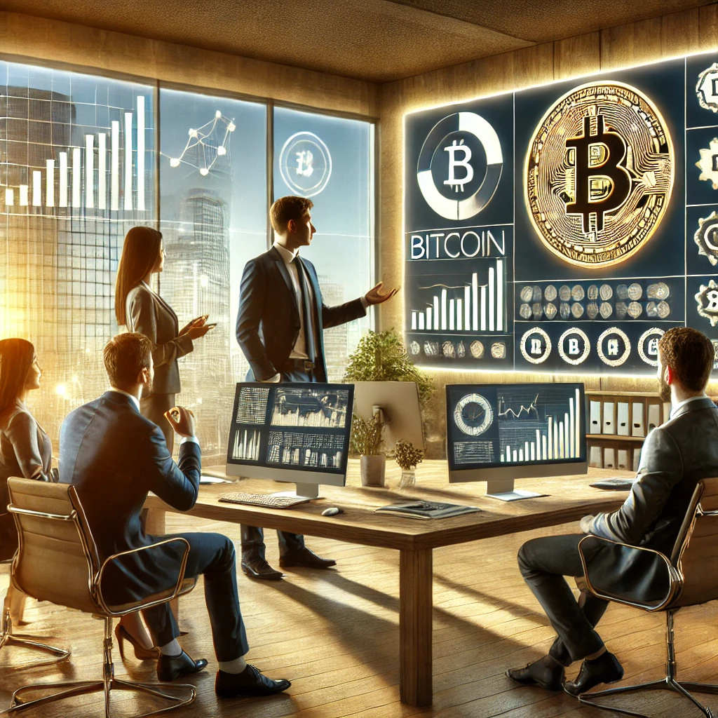 5 professionals in suits  having a meeting about Bitcoin. They're in a tower block with views of skyscrapers. 4 participants are men and 2 are women. There's a big screen with a bitcoin symbol and some of the participants have their own screens showing data. The colour theme is gold.