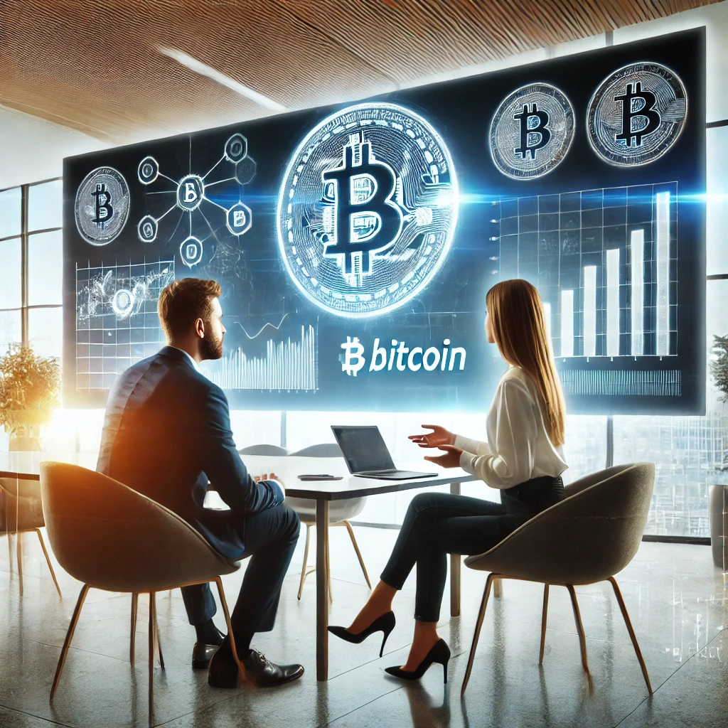 Financial consultant in a modern office discussing Bitcoin investment strategies with a client. A digital screen displays Bitcoin growth charts and financial data, reflecting a professional, technology-driven atmosphere.